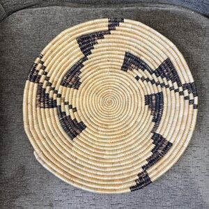 Handwoven African Natural and Black Decorative Flat Basket Wall Decor.